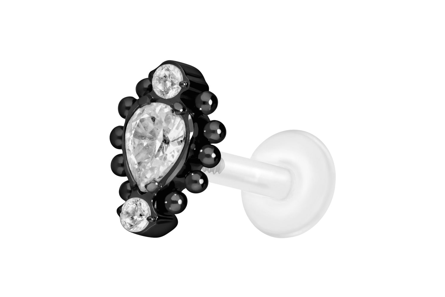 PTFE Labret Piercing mit Innengewinde + Titan-Aufsatz 3 EINGEFASSTE KRISTALLE + KUGELN